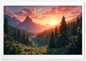 3D Landscape, Mountain, Sun Glow, Forest, Trees, Digital Art 4K UHD Wallpaper for Widescreen and UltraWide Desktop, UltraHD TV, Smartphone, Tablet