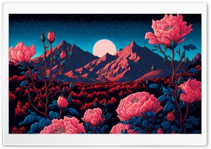 Flowers, Mountains, Night, Moon, Drawing 4K UHD Wallpaper for Widescreen and UltraWide Desktop, UltraHD TV, Smartphone, Tablet